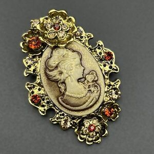 Yellow Gold with Brown and Champagne Crystal Lady Cameo Flower Pin Back Brooch